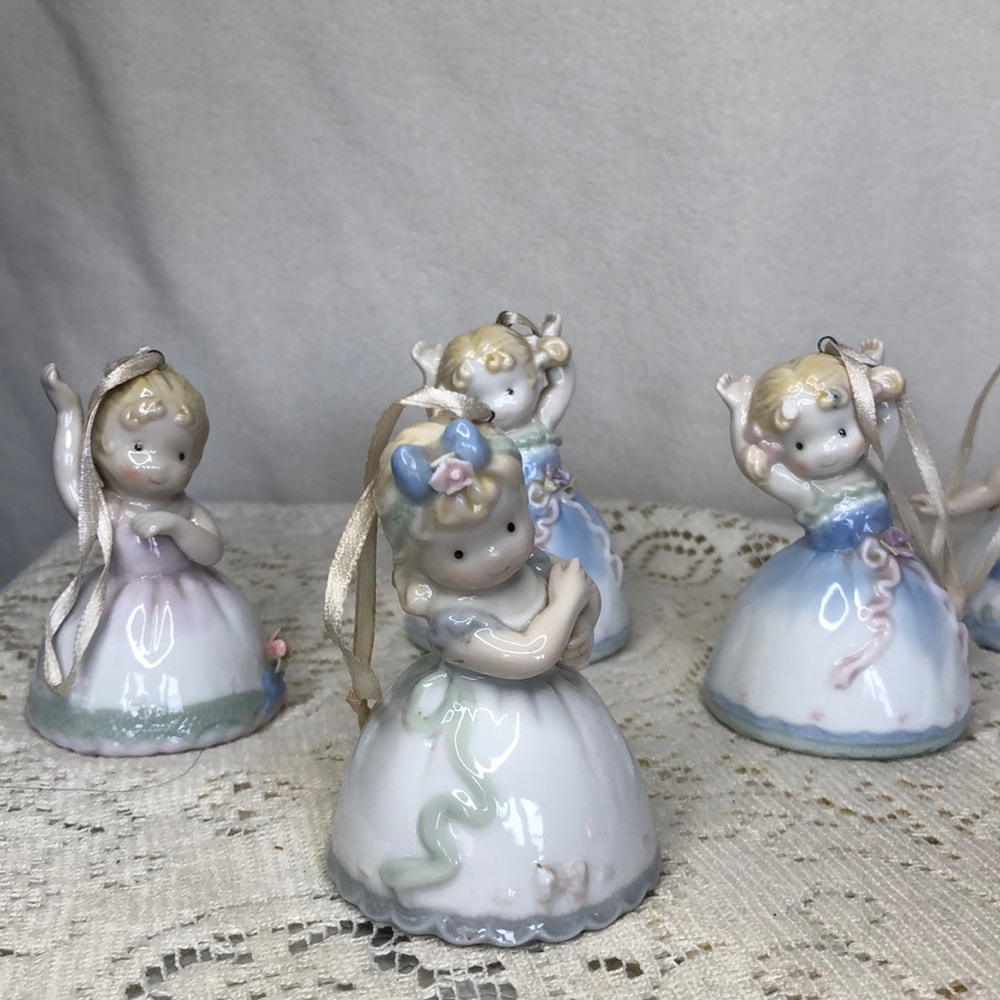 Set of 7 VTG Adorable Girl Bells.  Cotillion style dresses, feet are the bells.